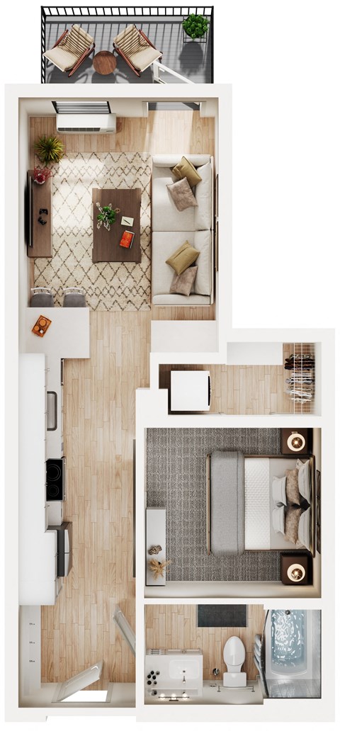 a floor plan of a studio apartment with a bedroom and a living room